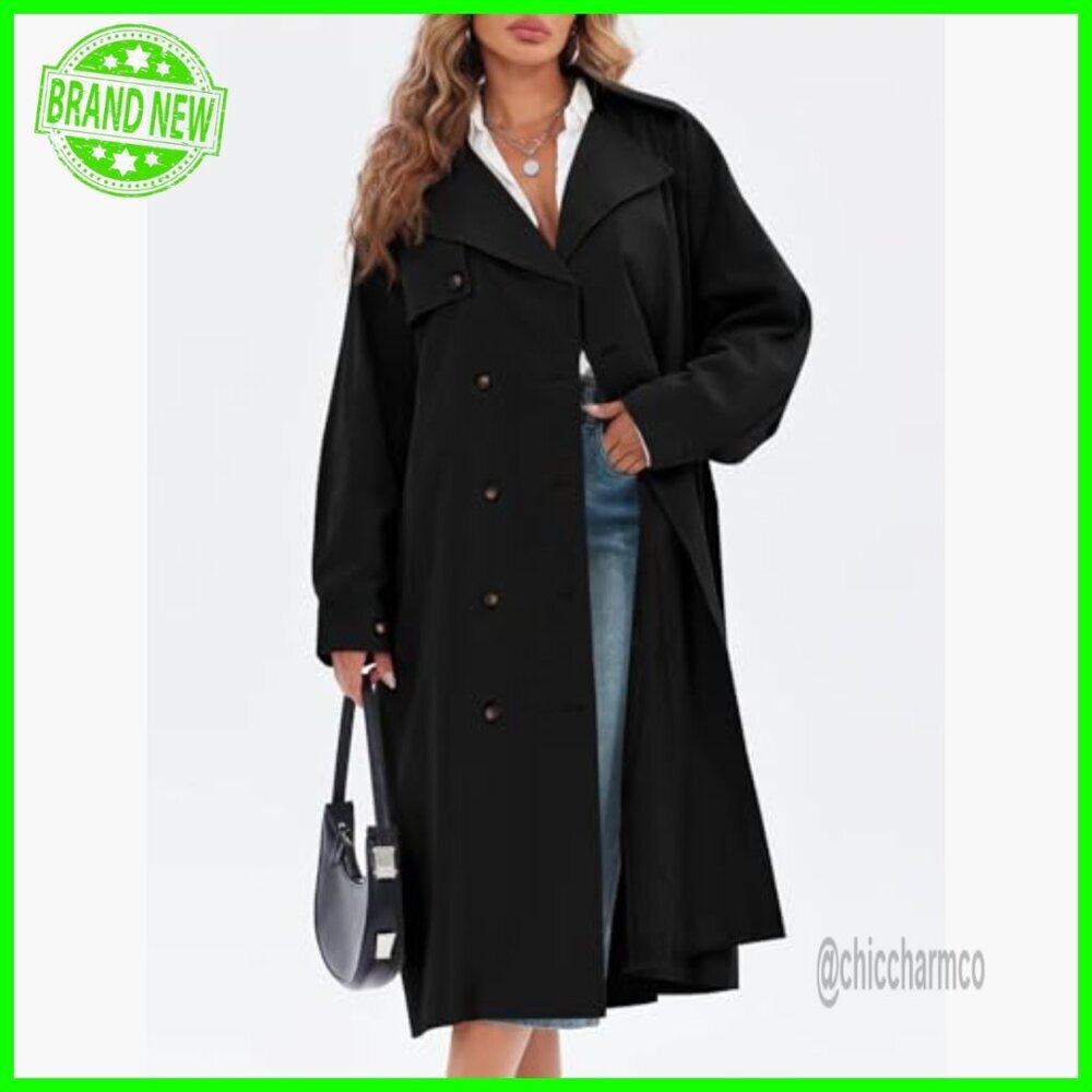 Oversized Long Trench Coat with Belt, Double Breasted Lapel, Water Resistant - Picture 2 of 7